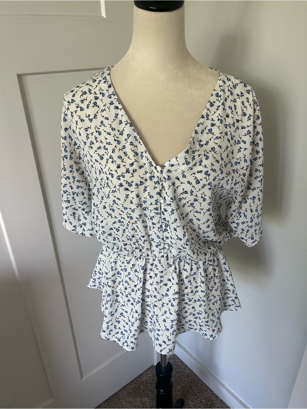 Sienna Sky White Peplum Blouse with Ditsy Blue Floral Print